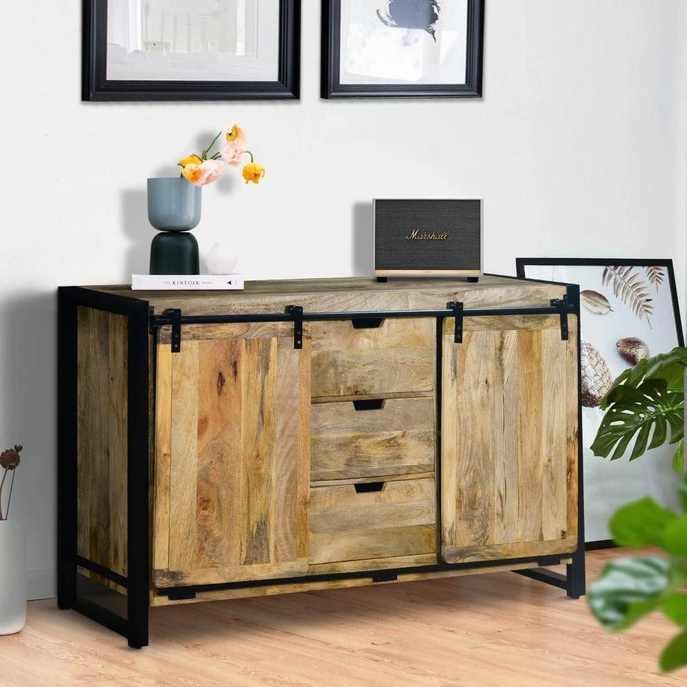 Brown and Black Wooden Sideboard with Barn Style 2-Sliding Doors and 3-Drawer by The Urban Port 9 Brown and Black Wooden Sideboard with Barn Style 2-Sliding Doors and 3-Drawer by The Urban Port - Image 9