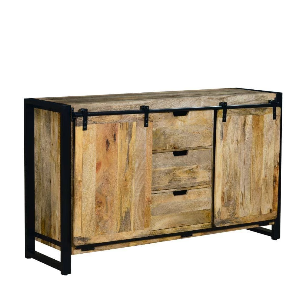 Brown and Black Wooden Sideboard with Barn Style 2-Sliding Doors and 3-Drawer by The Urban Port 1 Brown and Black Wooden Sideboard with Barn Style 2-Sliding Doors and 3-Drawer by The Urban Port