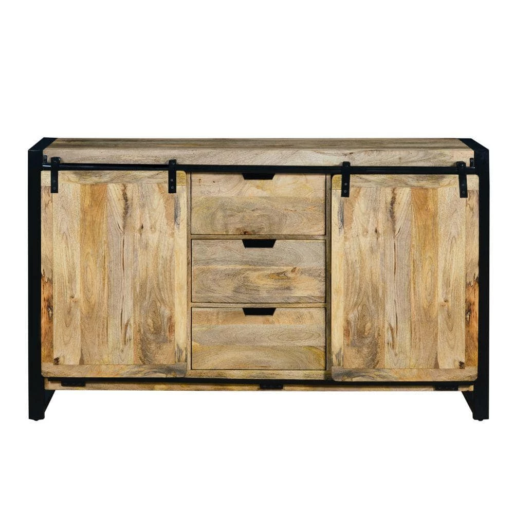 Brown and Black Wooden Sideboard with Barn Style 2-Sliding Doors and 3-Drawer by The Urban Port 3 Brown and Black Wooden Sideboard with Barn Style 2-Sliding Doors and 3-Drawer by The Urban Port - Image 3