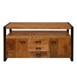 16 in. Brown and Black Mango Wood Media Console TV Stand with 3-Drawers and 2-Door by The Urban Port