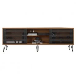 70.8 in. W Walnut Brown and Black Arthur Wooden TV Stand with 2 Slatted Sliding Doors Fits TV's up to 70 in. by The Urban Port