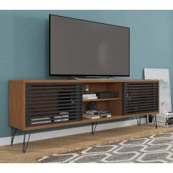 70.8 in. W Walnut Brown and Black Arthur Wooden TV Stand with 2 Slatted Sliding Doors Fits TV's up to 70 in. by The Urban Port -The Urban Port Sales brown and black the urban port tv stands upt 271301 76 1000