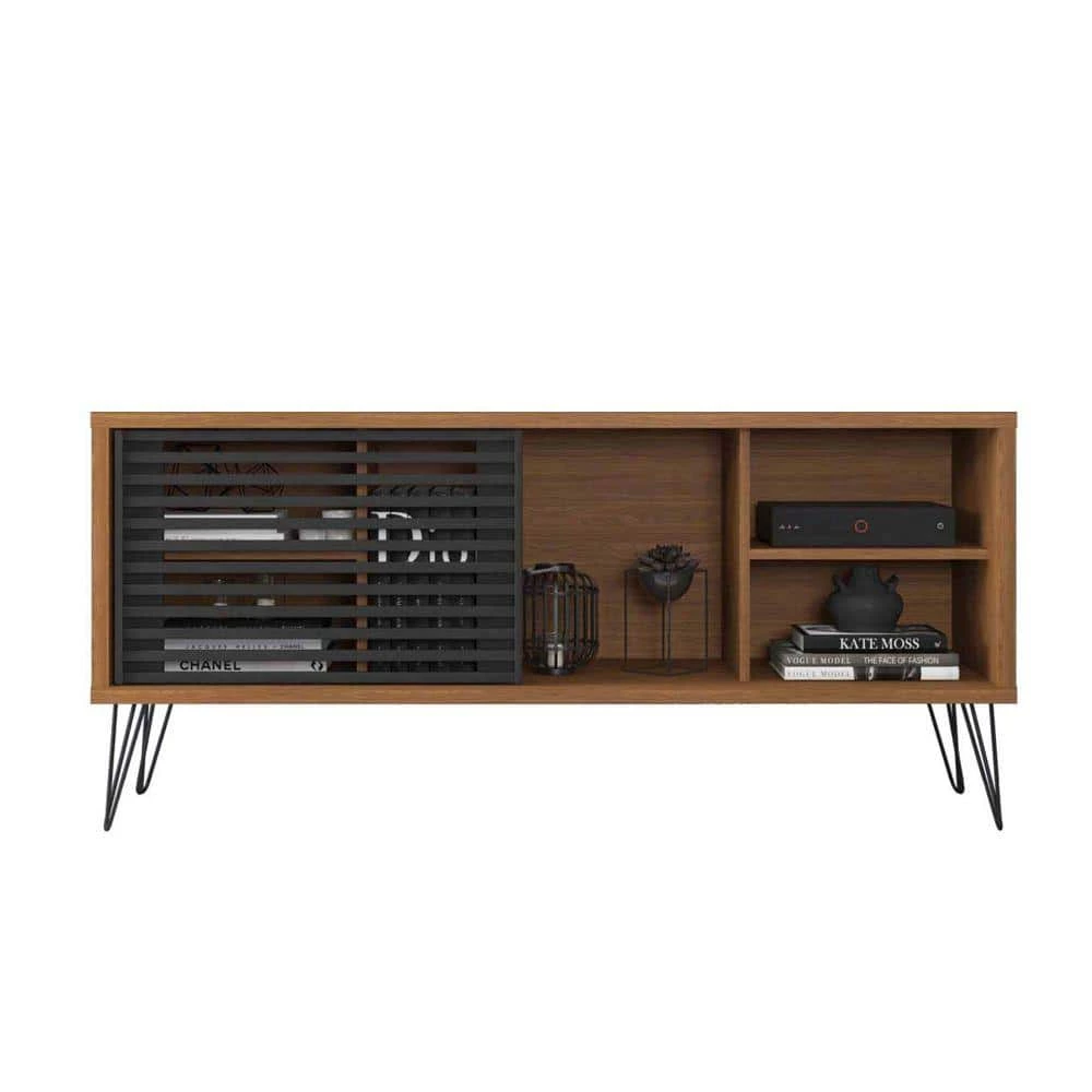 53.5 Inch Walnut Brown and Black Wooden TV Stand with 1 Sliding Door Fits TV's up to 52 in. by The Urban Port 1 53.5 Inch Walnut Brown and Black Wooden TV Stand with 1 Sliding Door Fits TV's up to 52 in. by The Urban Port