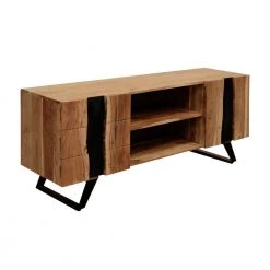 Stanley 59 Inch Brown and Black Acacia Wood Industrial TV Console with Storage and Live Edge Details by The Urban Port