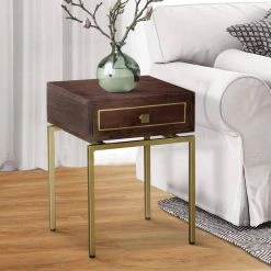 Ellis 1-Drawer Brown and Matte Gold Side Table Nightstand with Brass Metal Legs 22 in. H x 16 in. W x 15 in. D by The Urban Port -The Urban Port Sales brown and brass the urban port nightstands upt 231748 31 1000