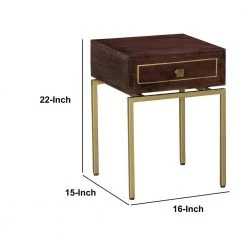 Ellis 1-Drawer Brown and Matte Gold Side Table Nightstand with Brass Metal Legs 22 in. H x 16 in. W x 15 in. D by The Urban Port -The Urban Port Sales brown and brass the urban port nightstands upt 231748 44 1000