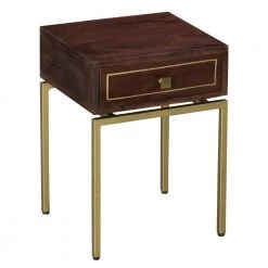 Ellis 1-Drawer Brown and Matte Gold Side Table Nightstand with Brass Metal Legs 22 in. H x 16 in. W x 15 in. D by The Urban Port