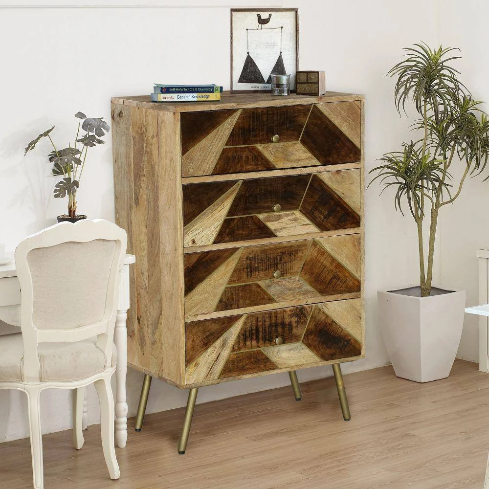 Brita 4-Drawers 2 Tone Brown and Gold Mango Wood Tall Dresser Chest with Geometric Inlaid Design by The Urban Port 8 Brita 4-Drawers 2 Tone Brown and Gold Mango Wood Tall Dresser Chest with Geometric Inlaid Design by The Urban Port - Image 8