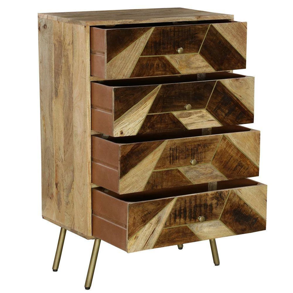 Brita 4-Drawers 2 Tone Brown and Gold Mango Wood Tall Dresser Chest with Geometric Inlaid Design by The Urban Port 3 Brita 4-Drawers 2 Tone Brown and Gold Mango Wood Tall Dresser Chest with Geometric Inlaid Design by The Urban Port - Image 3