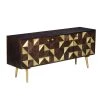 56 in. Brown and Gold Wooden TV Console with Geometric Front 3 Door Cabinets by The Urban Port