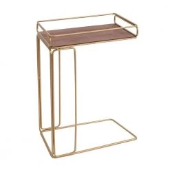 16.15 in. W Brown and Matte Gold C-Shape Minimalist Wood Side Tray Table with Metal Frame by The Urban Port