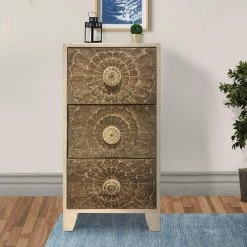 Brown and White 3-Drawer Mango Wood Accent Cabinet with Detailed Front Panels by The Urban Port -The Urban Port Sales brown and white the urban port accent cabinets upt 226285 31 1000