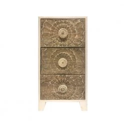 Brown and White 3-Drawer Mango Wood Accent Cabinet with Detailed Front Panels by The Urban Port