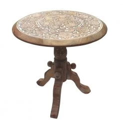 18 in. H Brown and White Intricately Carved Round Top Mango Wood Side End Table with Pedestal Base by The Urban Port