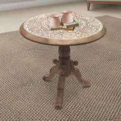 18 in. H Brown and White Intricately Carved Round Top Mango Wood Side End Table with Pedestal Base by The Urban Port -The Urban Port Sales brown and white the urban port end side tables upt 209567 c3 1000
