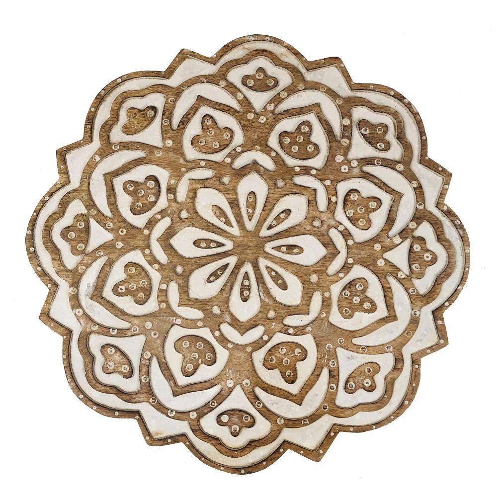 18 in. Antique Brown and White Round Handcrafted Mango Wood Side End Table with Floral Carved Top and Tripod Base by The Urban Port 6 18 in. Antique Brown and White Round Handcrafted Mango Wood Side End Table with Floral Carved Top and Tripod Base by The Urban Port - Image 6