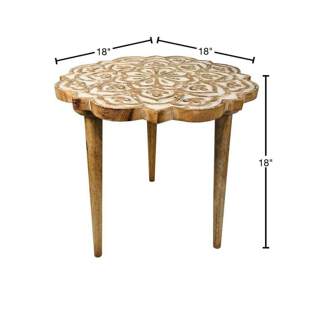 18 in. Antique Brown and White Round Handcrafted Mango Wood Side End Table with Floral Carved Top and Tripod Base by The Urban Port 3 18 in. Antique Brown and White Round Handcrafted Mango Wood Side End Table with Floral Carved Top and Tripod Base by The Urban Port - Image 3