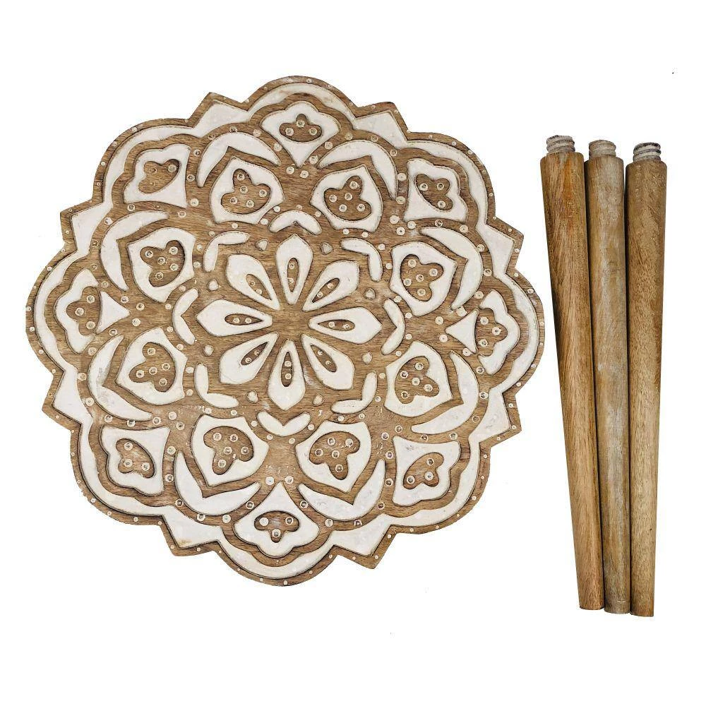 18 in. Antique Brown and White Round Handcrafted Mango Wood Side End Table with Floral Carved Top and Tripod Base by The Urban Port 7 18 in. Antique Brown and White Round Handcrafted Mango Wood Side End Table with Floral Carved Top and Tripod Base by The Urban Port - Image 7