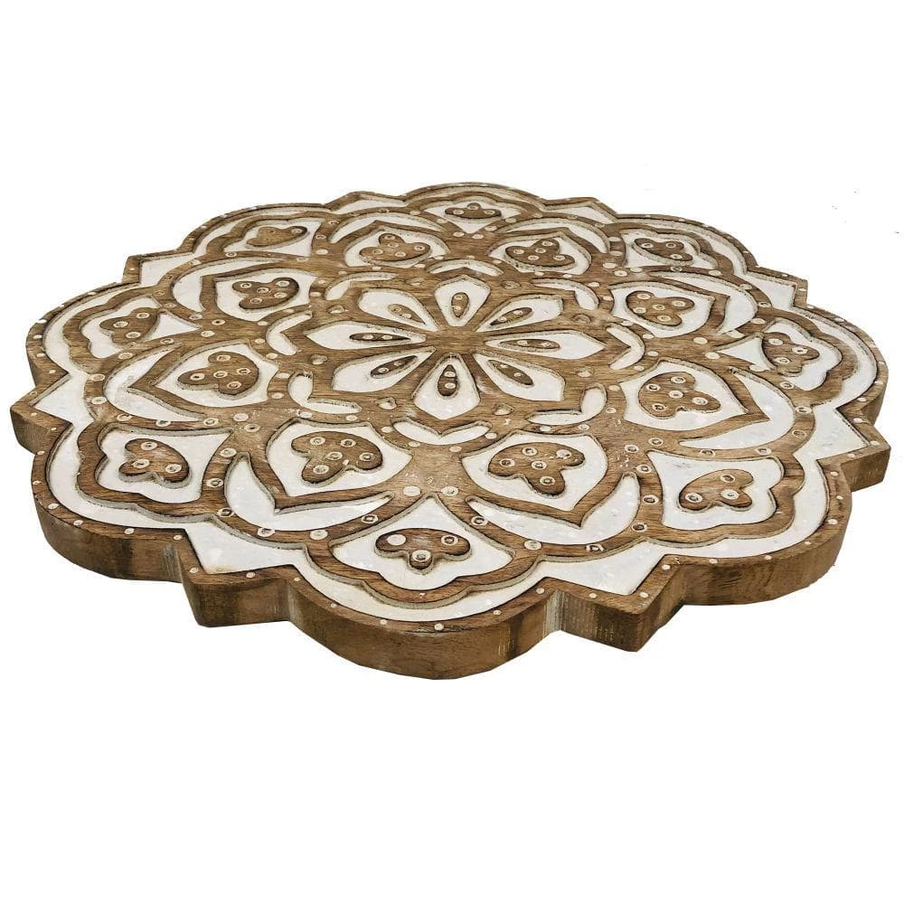 18 in. Antique Brown and White Round Handcrafted Mango Wood Side End Table with Floral Carved Top and Tripod Base by The Urban Port 5 18 in. Antique Brown and White Round Handcrafted Mango Wood Side End Table with Floral Carved Top and Tripod Base by The Urban Port - Image 5