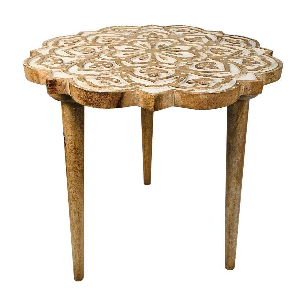 18 in. Antique Brown and White Round Handcrafted Mango Wood Side End Table with Floral Carved Top and Tripod Base by The Urban Port 1 18 in. Antique Brown and White Round Handcrafted Mango Wood Side End Table with Floral Carved Top and Tripod Base by The Urban Port