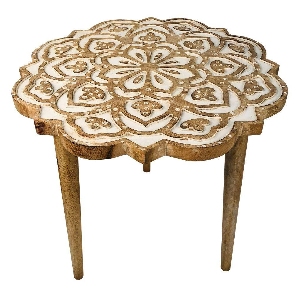 18 in. Antique Brown and White Round Handcrafted Mango Wood Side End Table with Floral Carved Top and Tripod Base by The Urban Port 4 18 in. Antique Brown and White Round Handcrafted Mango Wood Side End Table with Floral Carved Top and Tripod Base by The Urban Port - Image 4