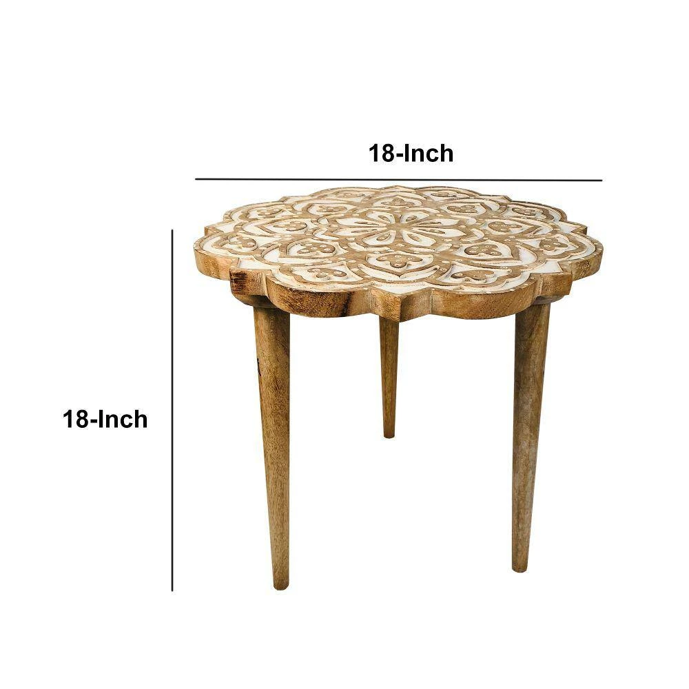 18 in. Antique Brown and White Round Handcrafted Mango Wood Side End Table with Floral Carved Top and Tripod Base by The Urban Port 8 18 in. Antique Brown and White Round Handcrafted Mango Wood Side End Table with Floral Carved Top and Tripod Base by The Urban Port - Image 8