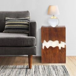 Allen 21 in. Walnut and White Square 2 Tone Acacia Wood Side End Table with Block Pedestal and Abstract Design by The Urban Port -The Urban Port Sales brown and white the urban port end side tables upt 270550 1d 1000