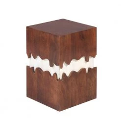 Allen 21 in. Walnut and White Square 2 Tone Acacia Wood Side End Table with Block Pedestal and Abstract Design by The Urban Port