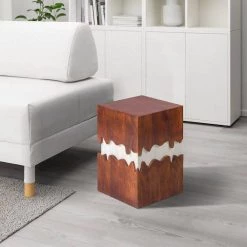 Allen 21 in. Walnut and White Square 2 Tone Acacia Wood Side End Table with Block Pedestal and Abstract Design by The Urban Port -The Urban Port Sales brown and white the urban port end side tables upt 270550 66 1000