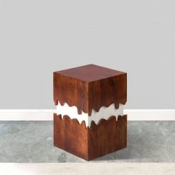 Allen 21 in. Walnut and White Square 2 Tone Acacia Wood Side End Table with Block Pedestal and Abstract Design by The Urban Port -The Urban Port Sales brown and white the urban port end side tables upt 270550 76 1000