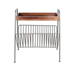 18 in. Brown and Pewter Gray Rectangular Metal Frame Side Table with Magazine Rack and Mango Wood Tray Top by The Urban Port