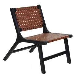 Kay Dark Brown Woven Mid Century Genuine Leather Accent Chair with Mango Wood Frame by The Urban Port