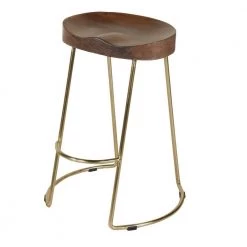 24 in. Brown and Gold Small Farmhouse Counter Height Barstool with Wooden Saddle Seat and Tubular Frame by The Urban Port