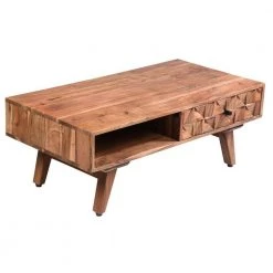 20 in. L Oak Brown Farmhouse Rectangle Acaica Wood Coffee Table with 2-Drawers and Textured Front by The Urban Port