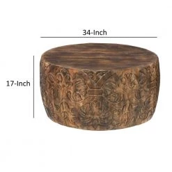 33 In. Walnut Brown Round Coffee Table with Damask Carved Pattern and Wooden Frame by The Urban Port -The Urban Port Sales brown the urban port coffee tables upt 270560 1f 1000