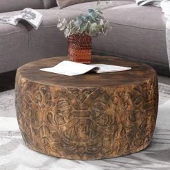 33 In. Walnut Brown Round Coffee Table with Damask Carved Pattern and Wooden Frame by The Urban Port -The Urban Port Sales brown the urban port coffee tables upt 270560 44 1000