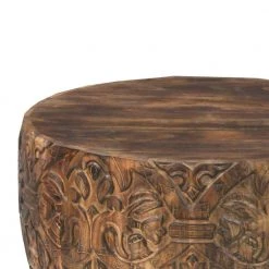 33 In. Walnut Brown Round Coffee Table with Damask Carved Pattern and Wooden Frame by The Urban Port -The Urban Port Sales brown the urban port coffee tables upt 270560 4f 1000