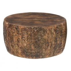 33 In. Walnut Brown Round Coffee Table with Damask Carved Pattern and Wooden Frame by The Urban Port