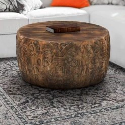 33 In. Walnut Brown Round Coffee Table with Damask Carved Pattern and Wooden Frame by The Urban Port -The Urban Port Sales brown the urban port coffee tables upt 270560 fa 1000
