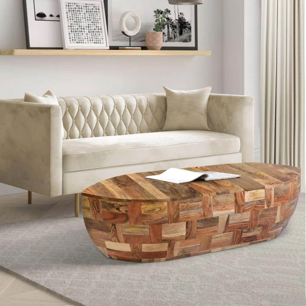 16 In. Weathered Brown Mango Wood Oval Canoe Shape Coffee Table by The Urban Port 9 16 In. Weathered Brown Mango Wood Oval Canoe Shape Coffee Table by The Urban Port - Image 9