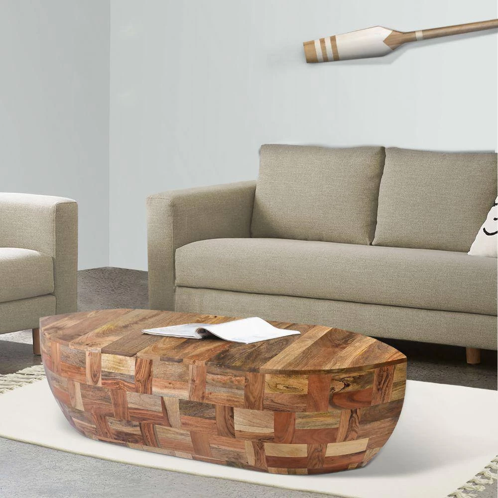 16 In. Weathered Brown Mango Wood Oval Canoe Shape Coffee Table by The Urban Port 7 16 In. Weathered Brown Mango Wood Oval Canoe Shape Coffee Table by The Urban Port - Image 7