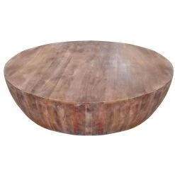 48 in. L Brown Hand carved Drum Shape Round Top Mango Wood Distressed Wooden Coffee Table by The Urban Port