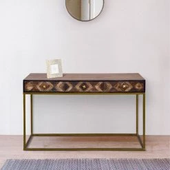16 In. Brown 3 Drawer Mango Wood Rectangular Console Table with Diamond Textured Panels and Metal Frame by The Urban Port -The Urban Port Sales brown the urban port console tables upt 272552 31 1000