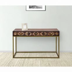 16 In. Brown 3 Drawer Mango Wood Rectangular Console Table with Diamond Textured Panels and Metal Frame by The Urban Port -The Urban Port Sales brown the urban port console tables upt 272552 fa 1000