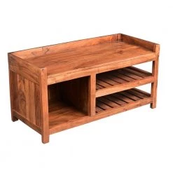 Brown Entryway Bench with Wooden Seat and 2 Slatted Shelves 16" L x 36" W x 18" H by The Urban Port