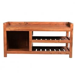 Brown Entryway Bench with Wooden Seat and 2 Slatted Shelves 16" L x 36" W x 18" H by The Urban Port -The Urban Port Sales brown the urban port dining benches upt 263769 c3 1000