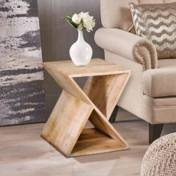 Handcrafted Brown Mango Wood Z Shaped End Table with Open Bottom Shelf by The Urban Port -The Urban Port Sales brown the urban port end side tables upt 195130 c3 1000