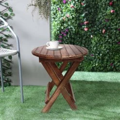 24 in. H Farmhouse Rustic Brown Wooden Round Folding Chair Side End Table with Planked Top by The Urban Port -The Urban Port Sales brown the urban port end side tables upt 225289 fa 1000