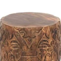 14 in. Walnut Brown Round End Table with Damask Carved Pattern and Wooden Frame by The Urban Port 15 14 in. Walnut Brown Round End Table with Damask Carved Pattern and Wooden Frame by The Urban Port -The Urban Port Sales brown the urban port end side tables upt 270559 1f 1000