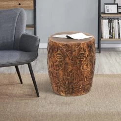 14 in. Walnut Brown Round End Table with Damask Carved Pattern and Wooden Frame by The Urban Port 19 14 in. Walnut Brown Round End Table with Damask Carved Pattern and Wooden Frame by The Urban Port -The Urban Port Sales brown the urban port end side tables upt 270559 31 1000